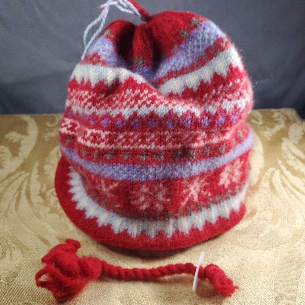 Vintage Turtle‎ Fur Wool Nordic Pom Beanie Fleece Lined Adult O/S Winter Hat